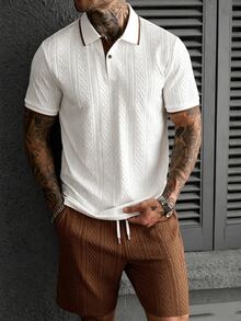 Manfinity CasualCool Men's Summer White And Brown Textured Short Sleeve Polo Shirt & Drawstring Shorts Set,Smart Casual Vacation Outfit,Old Money Style Daily Leisure Wear - Multicolor - View 3