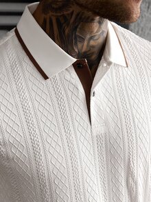 Manfinity CasualCool Men's Summer White And Brown Textured Short Sleeve Polo Shirt & Drawstring Shorts Set,Smart Casual Vacation Outfit,Old Money Style Daily Leisure Wear - Multicolor - View 7