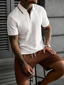 Manfinity CasualCool Men's Summer White And Brown Textured Short Sleeve Polo Shirt & Drawstring Shorts Set,Smart Casual Vacation Outfit,Old Money Style Daily Leisure Wear - Multicolor - View 4