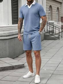 Manfinity CasualCool 男士条纹撞色短袖Polo衫和短裤休闲套装 - 藍色 - 查看 3