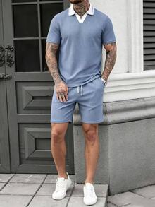 Manfinity CasualCool 男士条纹撞色短袖Polo衫和短裤休闲套装 - 藍色 - 查看 4