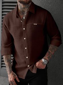 Manfinity CasualCool Men's Long Sleeve Single-Breasted Casual Structured Micro-Textured Brown Shirt - Coffee Brown - View 2