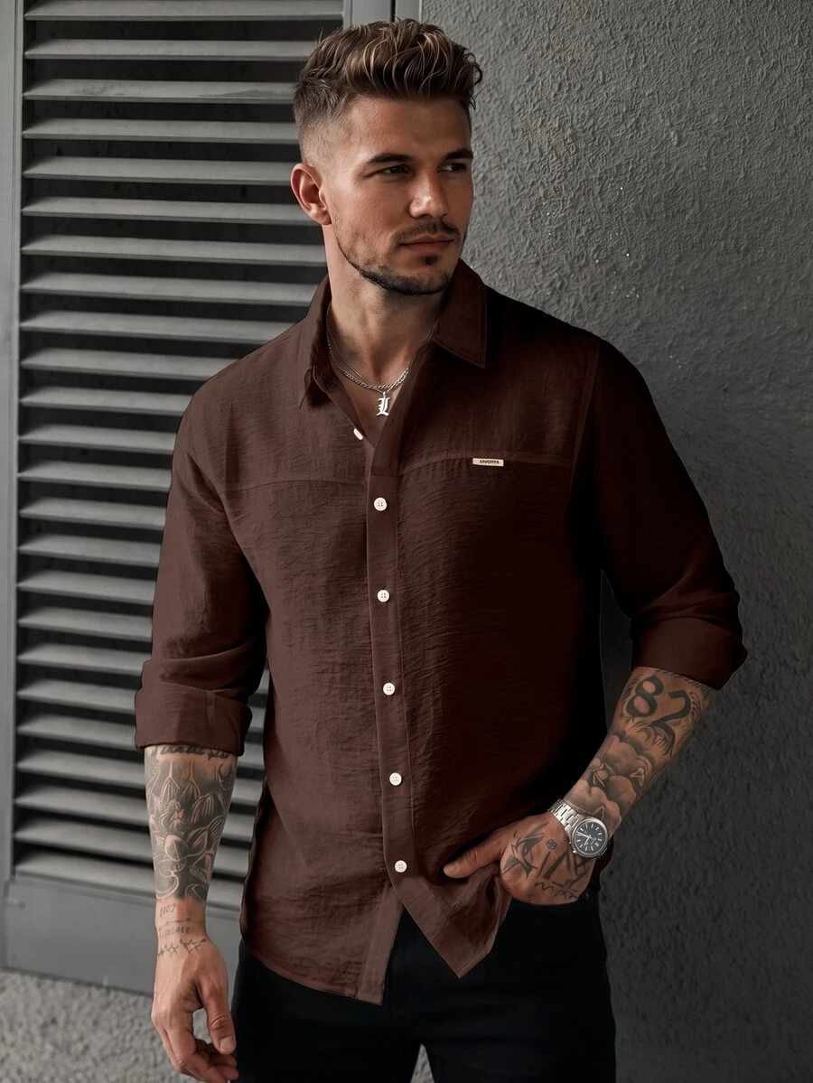 Manfinity CasualCool Men's Long Sleeve Single-Breasted Casual Structured Micro-Textured Brown Shirt - Coffee Brown - View 1