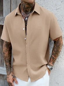 Manfinity CasualCool Men's Solid Color Soft Pure Cotton Hidden Placket Button Design Summer Loose Mature Casual Short Sleeve Shirt - Camel - View 2