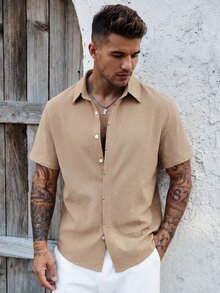 Manfinity CasualCool Men's Solid Color Soft Pure Cotton Hidden Placket Button Design Summer Loose Mature Casual Short Sleeve Shirt - Camel - View 1