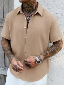 Manfinity CasualCool Men's Solid Color Soft Pure Cotton Hidden Placket Button Design Summer Loose Mature Casual Short Sleeve Shirt - Camel - View 4