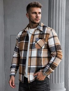Manfinity CasualCool Men's Vintage Yellow-Brown Large Plaid Wool Drop Shoulder Shacket - Yellow - View 1