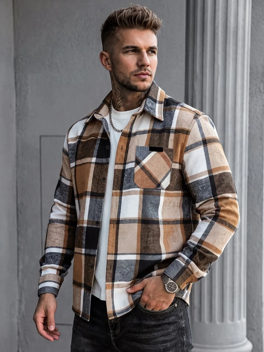 Manfinity CasualCool Men's Vintage Yellow-Brown Large Plaid Wool Drop Shoulder Shacket - Yellow - View 1