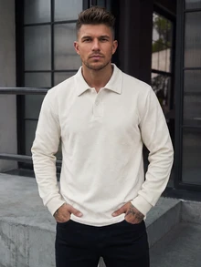 Manfinity CasualCool Men's Long Sleeve Polo Shirt, Textured Jacquard Fabric Long Sleeve Top, Casual Daily Commute Wear - Apricot - View 1