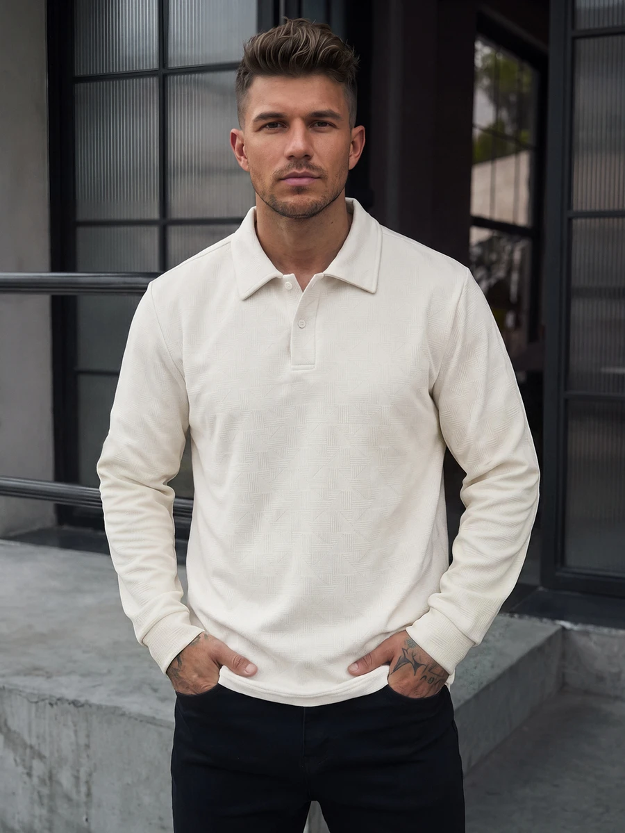 Manfinity CasualCool Men's Long Sleeve Polo Shirt, Textured Jacquard Fabric Long Sleeve Top, Casual Daily Commute Wear - Apricot - View 1