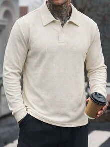 Manfinity CasualCool Men's Long Sleeve Polo Shirt, Textured Jacquard Fabric Long Sleeve Top, Casual Daily Commute Wear - Apricot - View 2