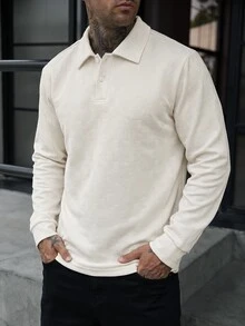 Manfinity CasualCool Men's Long Sleeve Polo Shirt, Textured Jacquard Fabric Long Sleeve Top, Casual Daily Commute Wear - Apricot - View 5