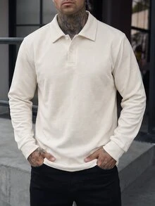 Manfinity CasualCool Men's Long Sleeve Polo Shirt, Textured Jacquard Fabric Long Sleeve Top, Casual Daily Commute Wear - Apricot - View 3