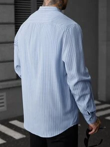 Manfinity CasualCool Men's Front Button Stand Collar Striped Print Long Sleeve Shirt - Blue - View 2