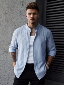 Manfinity CasualCool Men's Front Button Stand Collar Striped Print Long Sleeve Shirt - Blue - View 1