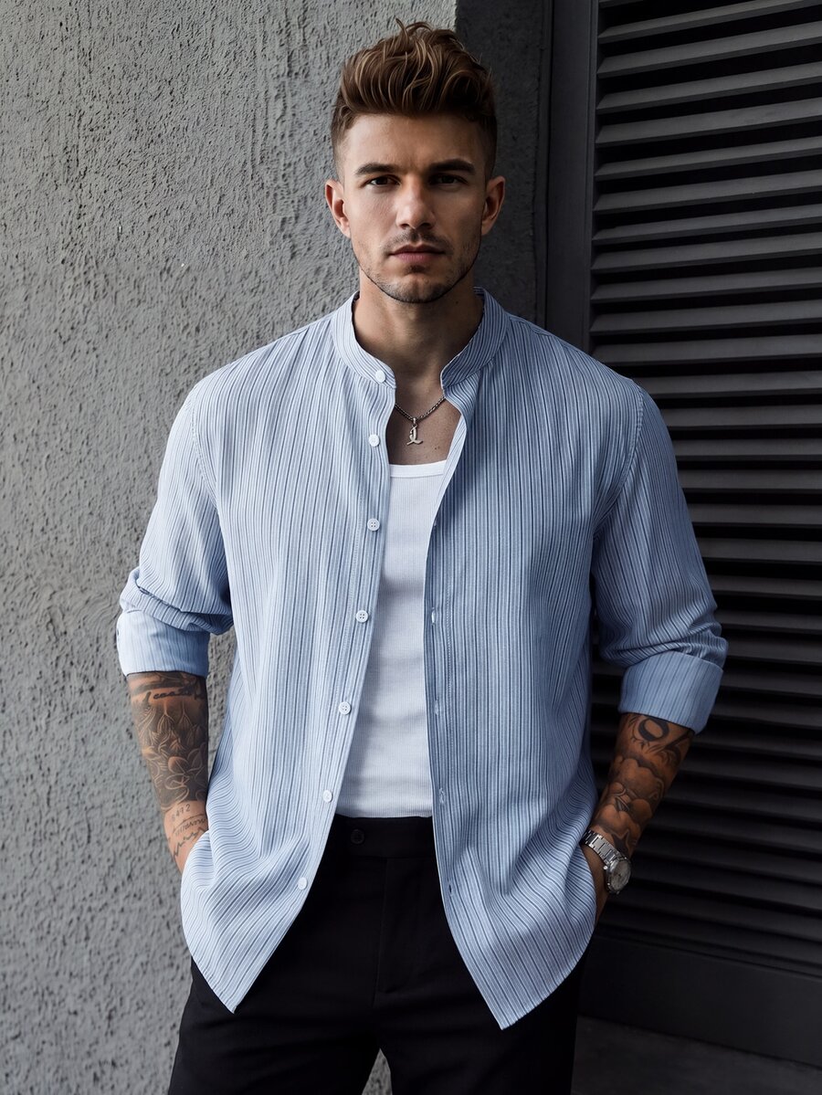Manfinity CasualCool Men's Front Button Stand Collar Striped Print Long Sleeve Shirt - Blue - View 1
