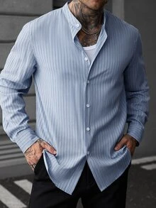 Manfinity CasualCool Men's Front Button Stand Collar Striped Print Long Sleeve Shirt - Blue - View 5