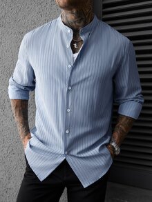 Manfinity CasualCool Men's Front Button Stand Collar Striped Print Long Sleeve Shirt - Blue - View 7