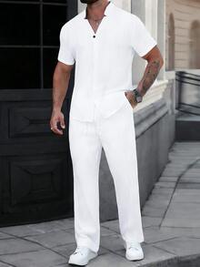 Manfinity CasualCool Men's Plus Size Solid Color Short Sleeve Shirt And Pants Casual Set - White - View 2