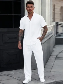 Manfinity CasualCool Men's Plus Size Solid Color Short Sleeve Shirt And Pants Casual Set - White - View 1