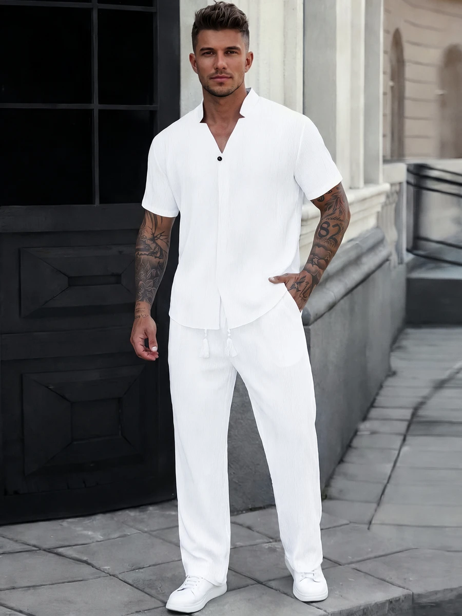 Manfinity CasualCool Men's Plus Size Solid Color Short Sleeve Shirt And Pants Casual Set - White - View 1