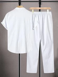 Manfinity CasualCool Men's Plus Size Solid Color Short Sleeve Shirt And Pants Casual Set - White - View 4