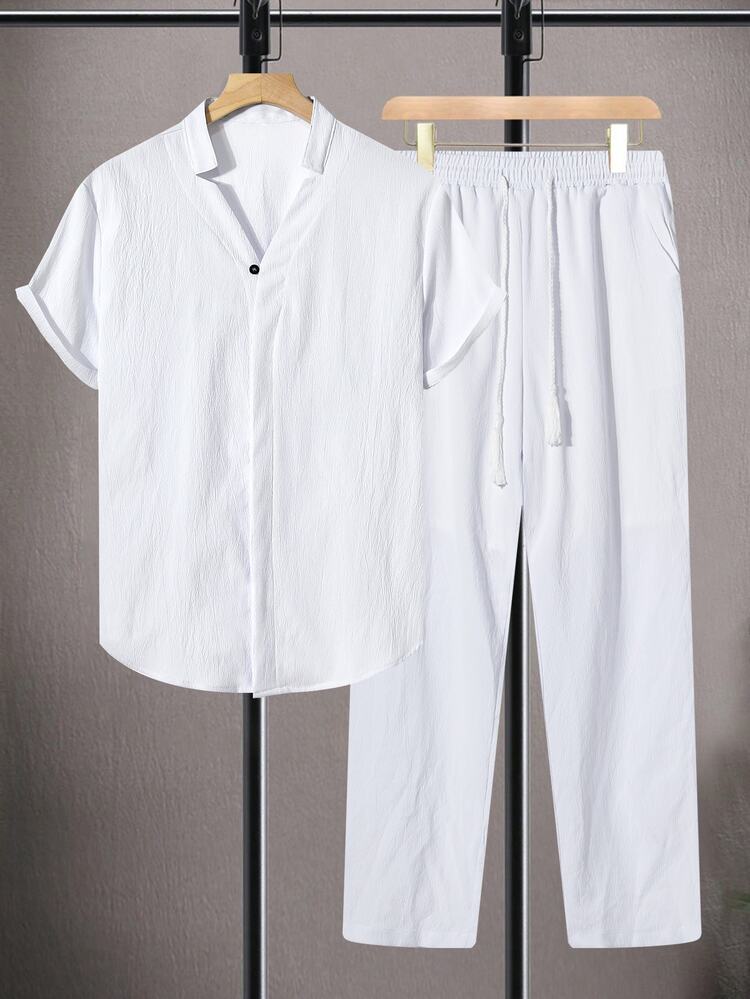 Manfinity CasualCool Men's Plus Size Solid Color Short Sleeve Shirt And Pants Casual Set - White - View 3