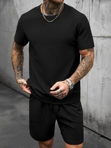 Manfinity CasualCool Men's Black Summer Casual Street Wear Work 2-Piece Set,Comfortable Waffle Fabric Crew Neck Short Sleeve T-Shirt And Drawstring Elastic Waist Shorts - Black - View 3