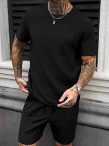 Manfinity CasualCool Men's Black Summer Casual Street Wear Work 2-Piece Set,Comfortable Waffle Fabric Crew Neck Short Sleeve T-Shirt And Drawstring Elastic Waist Shorts - Black - View 2