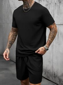 Manfinity CasualCool Men's Black Summer Casual Street Wear Work 2-Piece Set,Comfortable Waffle Fabric Crew Neck Short Sleeve T-Shirt And Drawstring Elastic Waist Shorts - Black - View 4