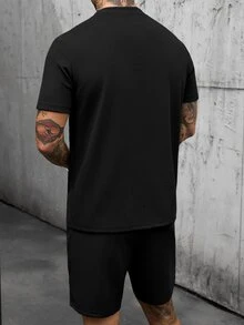 Manfinity CasualCool Men's Black Summer Casual Street Wear Work 2-Piece Set,Comfortable Waffle Fabric Crew Neck Short Sleeve T-Shirt And Drawstring Elastic Waist Shorts - Black - View 6