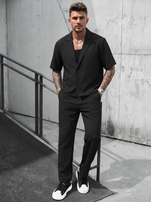 Manfinity CasualCool Men's Comfortable Solid Color Fabric Large Lapel Hidden Button Short Sleeve Shirt And Drawstring Elastic Waist Long Pants Casual Modest Vacation Black - Black - View 1