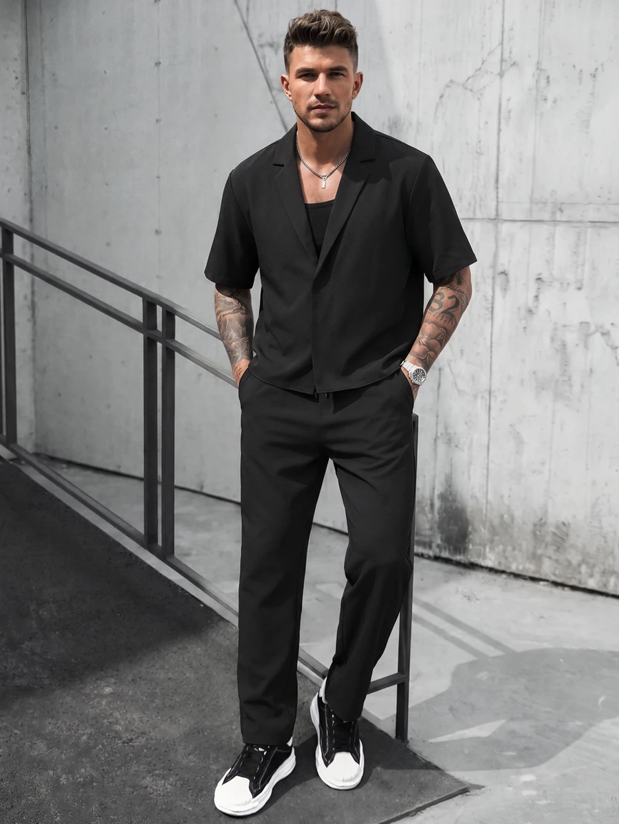 Manfinity CasualCool Men's Comfortable Solid Color Fabric Large Lapel Hidden Button Short Sleeve Shirt And Drawstring Elastic Waist Long Pants Casual Modest Vacation Black - Black - View 1