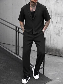 Manfinity CasualCool Men's Comfortable Solid Color Fabric Large Lapel Hidden Button Short Sleeve Shirt And Drawstring Elastic Waist Long Pants Casual Modest Vacation Black - Black - View 2