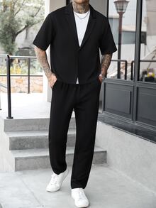 Manfinity CasualCool Men's Comfortable Solid Color Fabric Large Lapel Hidden Button Short Sleeve Shirt And Drawstring Elastic Waist Long Pants Casual Modest Vacation Black - Black - View 4