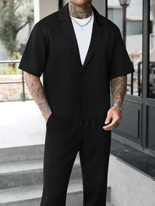 Manfinity CasualCool Men's Comfortable Solid Color Fabric Large Lapel Hidden Button Short Sleeve Shirt And Drawstring Elastic Waist Long Pants Casual Modest Vacation Black - Black - View 6
