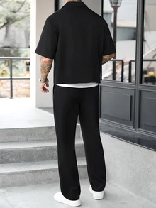 Manfinity CasualCool Men's Comfortable Solid Color Fabric Large Lapel Hidden Button Short Sleeve Shirt And Drawstring Elastic Waist Long Pants Casual Modest Vacation Black - Black - View 7
