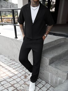Manfinity CasualCool Men's Comfortable Solid Color Fabric Large Lapel Hidden Button Short Sleeve Shirt And Drawstring Elastic Waist Long Pants Casual Modest Vacation Black - Black - View 3