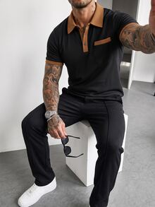 Manfinity CasualCool 男士休閒兩件套， Polo領長袖上衣與長褲，春秋戶外運動百搭極簡設計 - 黑色 - 查看 2