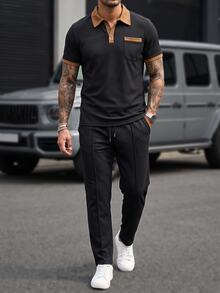 Manfinity CasualCool 男士休閒兩件套， Polo領長袖上衣與長褲，春秋戶外運動百搭極簡設計 - 黑色 - 查看 6
