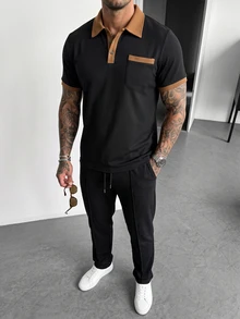 Manfinity CasualCool 男士休閒兩件套， Polo領長袖上衣與長褲，春秋戶外運動百搭極簡設計 - 黑色 - 查看 3