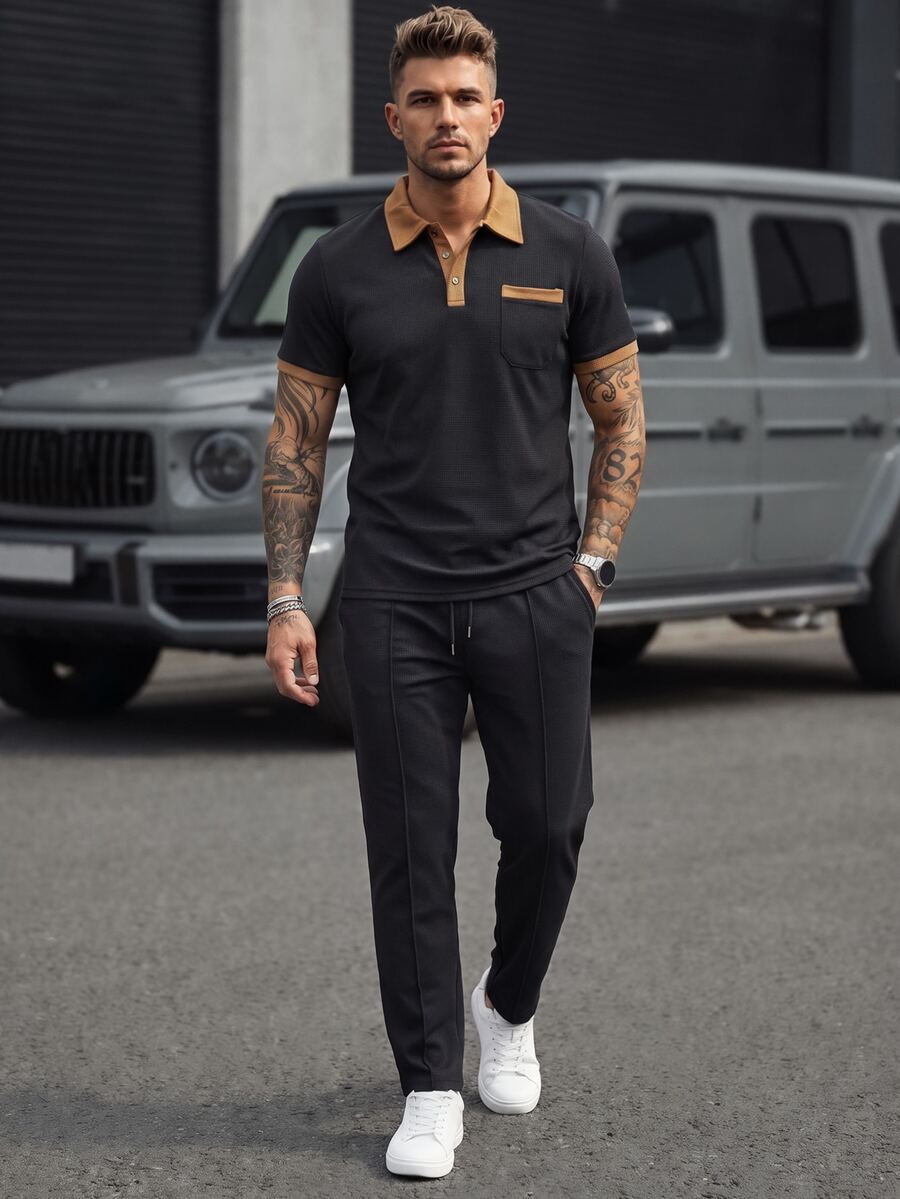 Manfinity CasualCool 男士休閒兩件套, Polo領長袖上衣與長褲,春秋戶外運動百搭極簡設計 - 黑色 - 查看 1