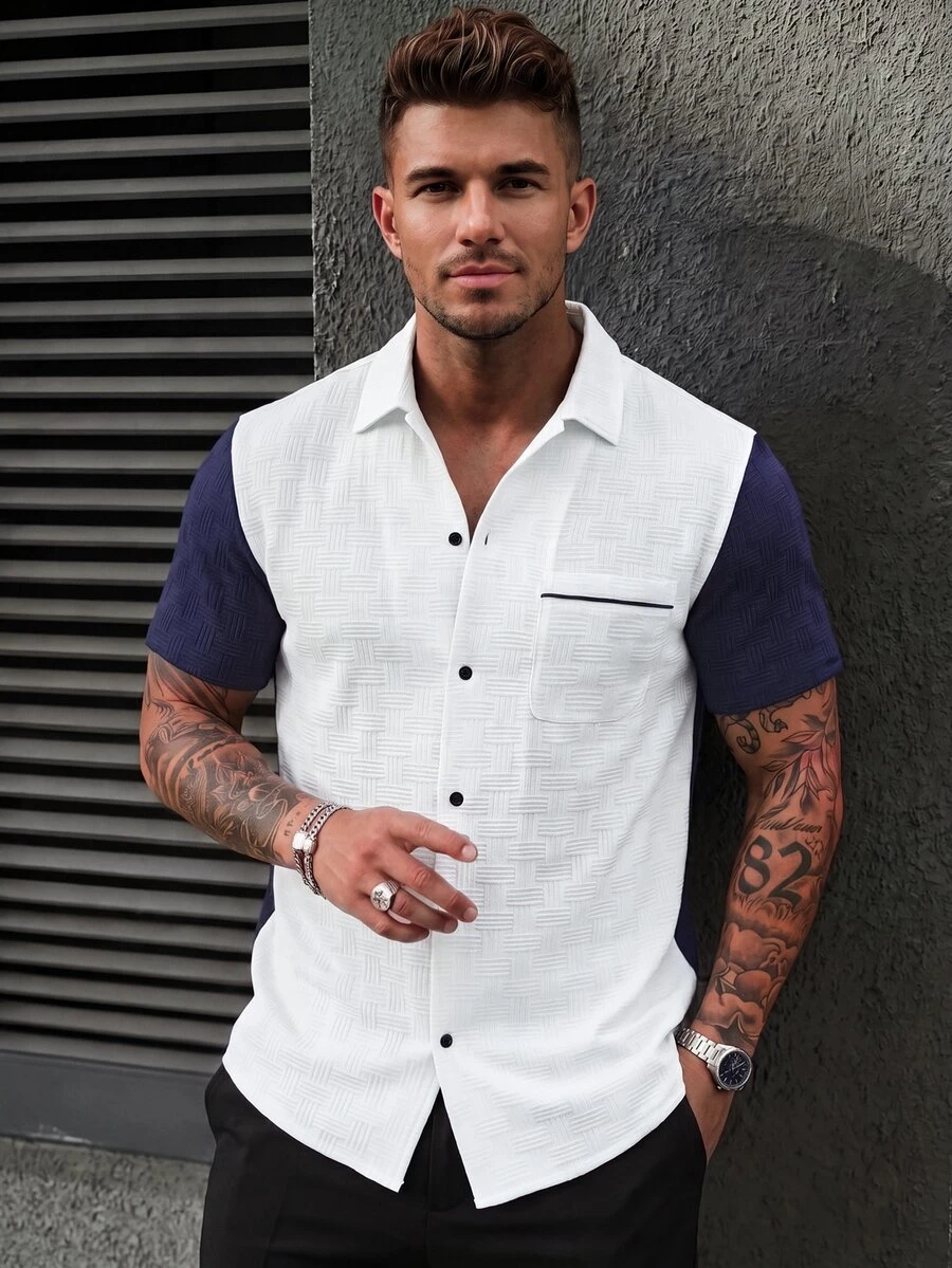 Manfinity CasualCool Men's Solid Color Textured Contrast Collar Casual Business Short Sleeve Shirt - White - View 1