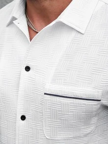 Manfinity CasualCool Men's Solid Color Textured Contrast Collar Casual Business Short Sleeve Shirt - White - View 8