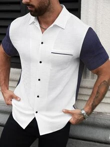 Manfinity CasualCool Men's Solid Color Textured Contrast Collar Casual Business Short Sleeve Shirt - White - View 6