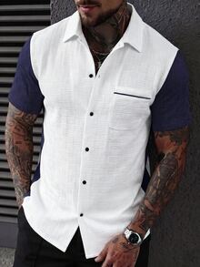 Manfinity CasualCool Men's Solid Color Textured Contrast Collar Casual Business Short Sleeve Shirt - White - View 3