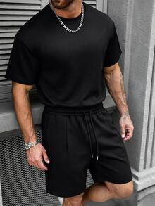 Manfinity Homme 男士休閒 INS 風格日常穿搭，男友/丈夫禮物，週年禮物，黑色極簡寬鬆 T 恤套裝，夏季 - 黑色 - 查看 5