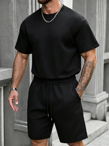 Manfinity Homme 男士休閒 INS 風格日常穿搭，男友/丈夫禮物，週年禮物，黑色極簡寬鬆 T 恤套裝，夏季 - 黑色 - 查看 4