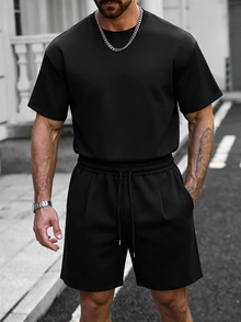 Manfinity Homme 男士休閒 INS 風格日常穿搭，男友/丈夫禮物，週年禮物，黑色極簡寬鬆 T 恤套裝，夏季 - 黑色 - 查看 7