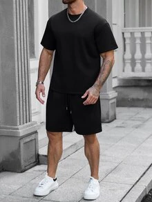 Manfinity Homme 男士休閒 INS 風格日常穿搭，男友/丈夫禮物，週年禮物，黑色極簡寬鬆 T 恤套裝，夏季 - 黑色 - 查看 2